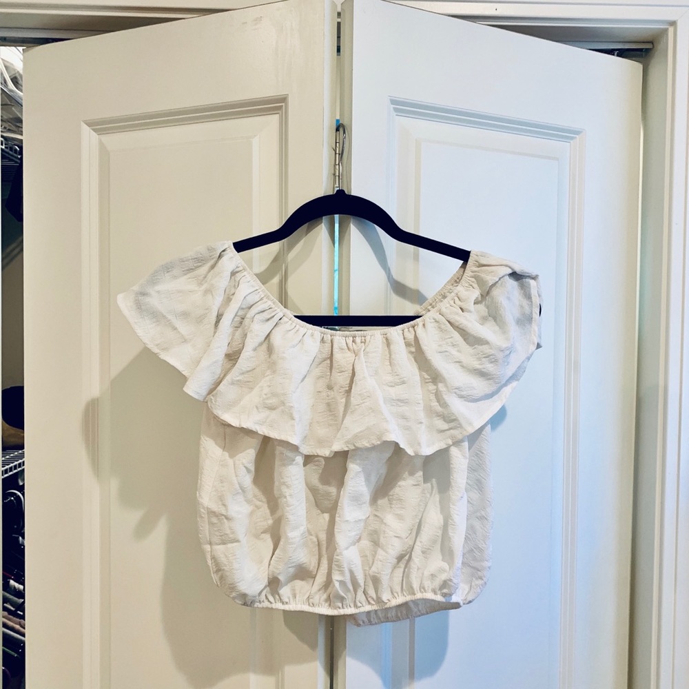 Off the shoulder white ruffle top